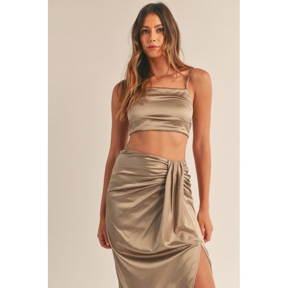 Mable Satin Crop Top & Draped Midi Skirt Set Mocha Brown Large NWT